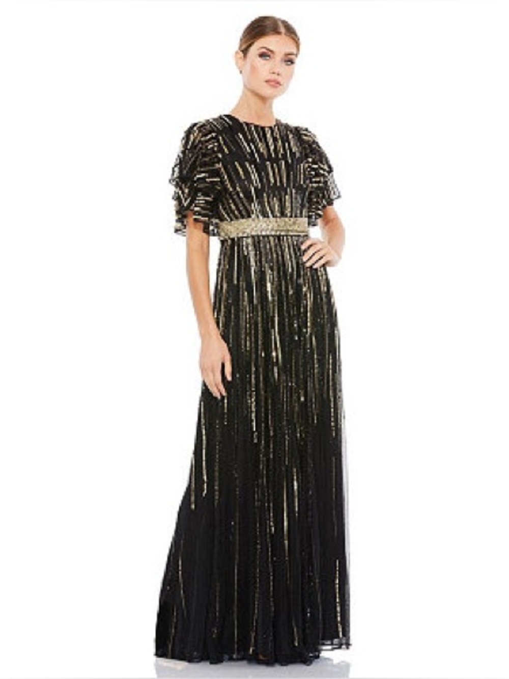 Mac Duggal 93582 Belted Embellished Headed Sequin Short Sleeve Wedding MOB Gown - Picture 2 of 12